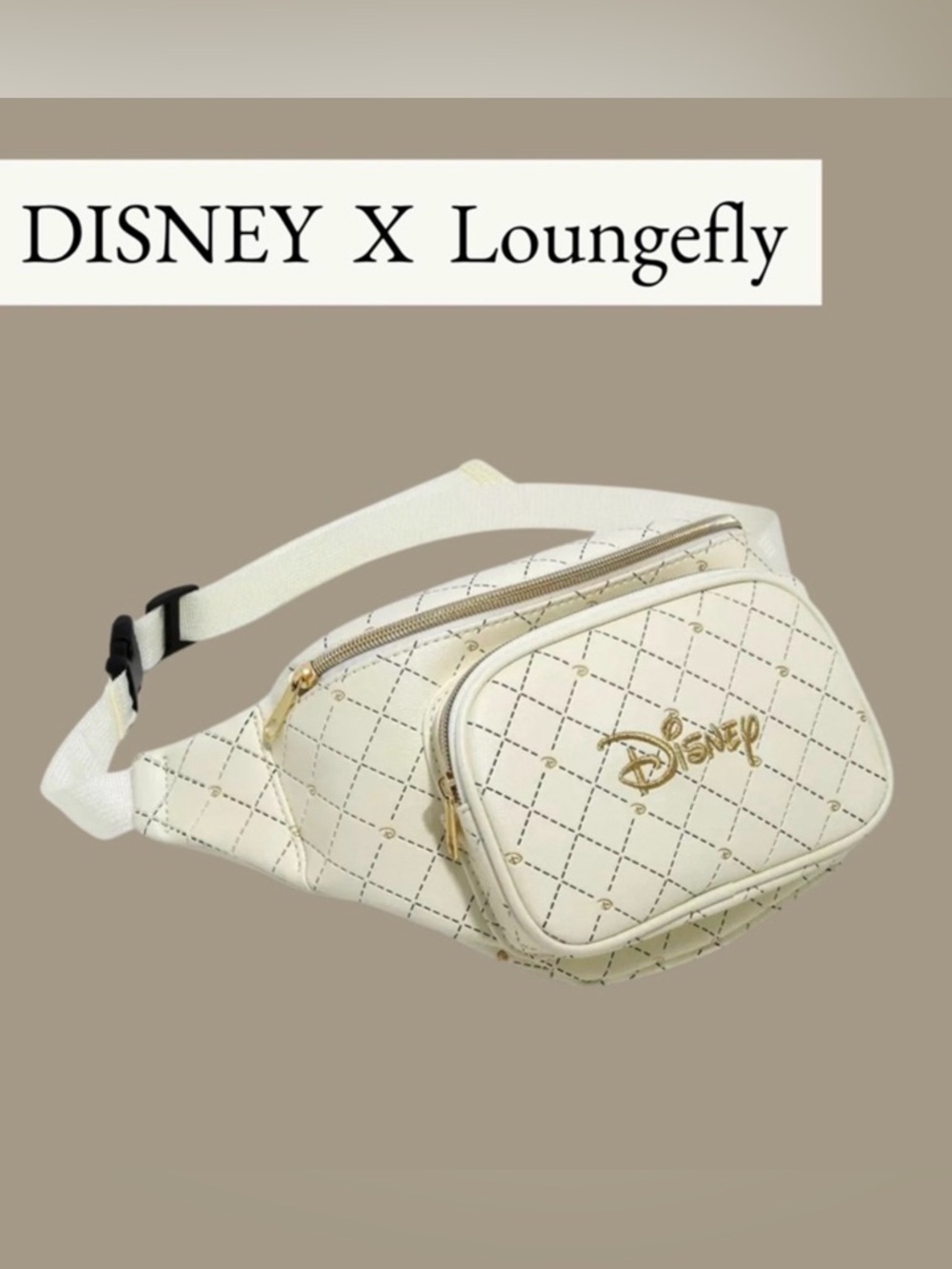 Disney X Loungefly Collab Cream Quilted Logo Fanny Pack with Gold Hardware